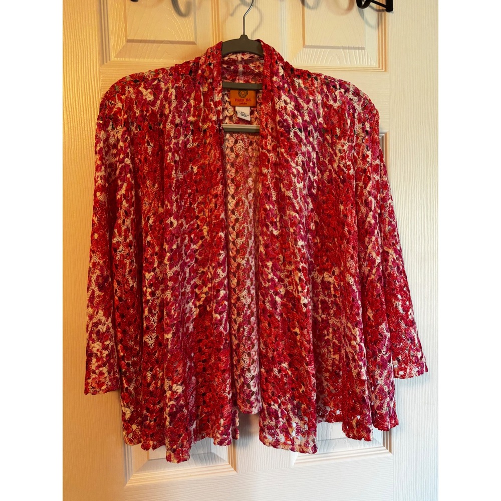 Ruby Rd Petite Red Pink Floral Lace Openβ Front Cardigan PXL 3/4 Sleeve Sweater